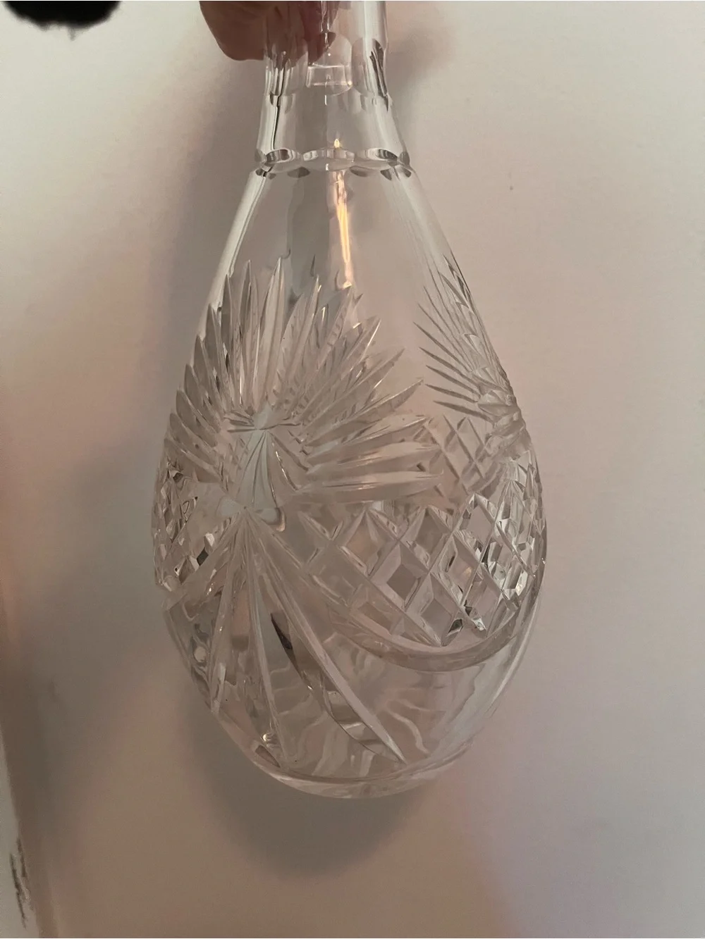Large 15” Vintage Crystal Cut Glass Decanter Stopper Etched Star Burst Design